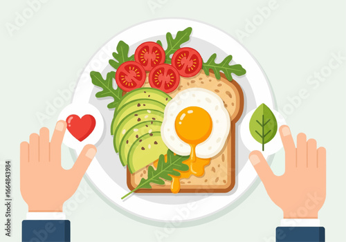 Top view vector illustration of a healthy breakfast with avocado toast, fried egg, and fresh greens, symbolizing a choice for a nutritious lifestyle
