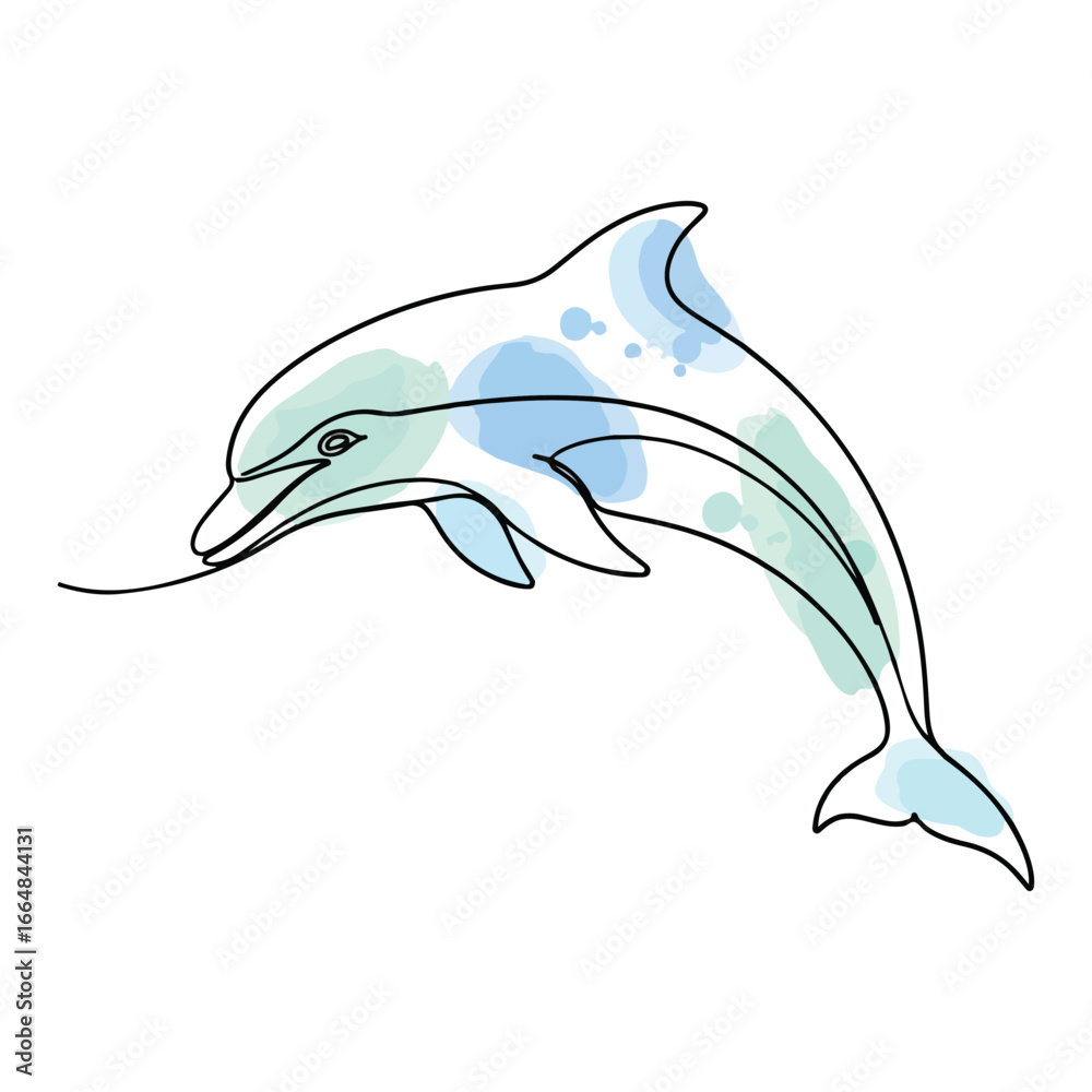 Obraz premium Single line drawing of a dolphin with watercolor splashes in blue and green marine life ocean