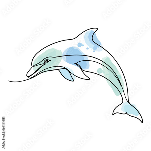 Single line drawing of a dolphin with watercolor splashes in blue and green marine life ocean
