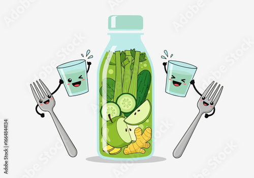 Adorable kawaii illustration of a green detox smoothie bottle with vegetable ingredients, cheered on by happy fork and glass characters for a healthy lifestyle