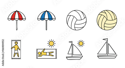Summer vacation icons depicting beach umbrellas, sunbathing, volleyball, sailing, for relaxation and leisure, perfect for design projects 96