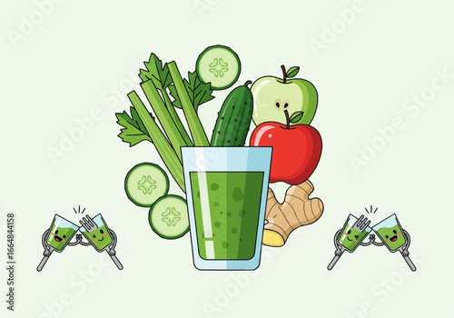 Vector illustration of a fresh green detox juice with its raw ingredients celery, apple, cucumber, and ginger for a healthy diet