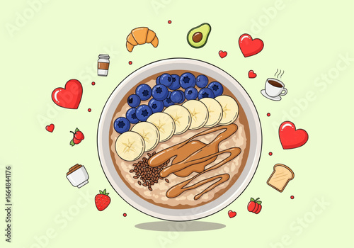 A delightful cartoon illustration of a healthy breakfast oatmeal bowl with banana, blueberry, and peanut butter toppings, surrounded by hearts