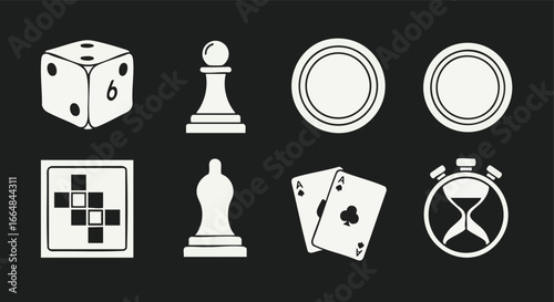 Graphic set illustration of traditional game elements evoking strategy, luck, and mental agility within various competitive environments