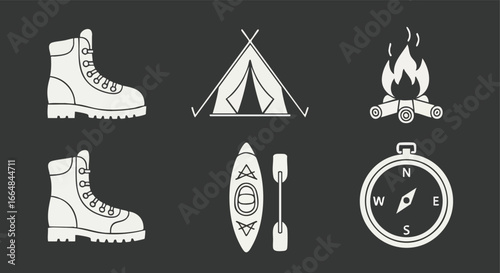 Outdoors Adventure Icons Collection Representing Hiking Camping Kayaking and Exploration for Nature Enthusiasts and Adventurous Souls