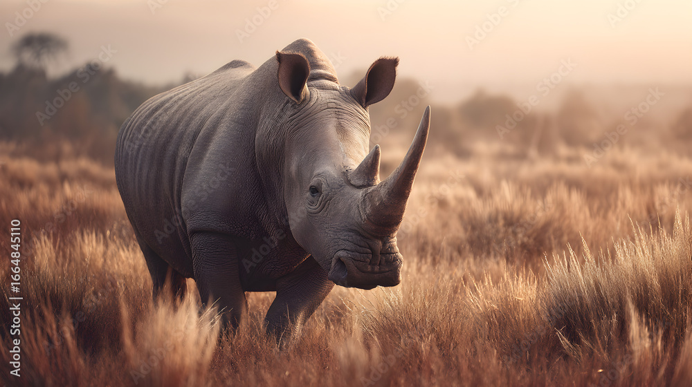 Obraz premium A majestic rhinoceros standing in a golden field, embodying the beauty and resilience of african wildlife