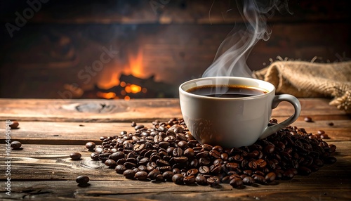 A steaming cup of coffee sits atop a pile of roasted beans on a wooden surface, with a warm fireplace in the background.