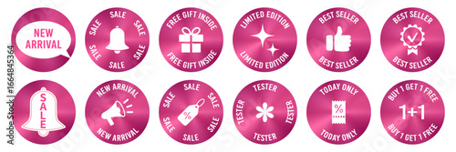 Set of promotional stickers to highlight sales, new arrivals and special offers. Limited edition, best seller, tester. Pink labels