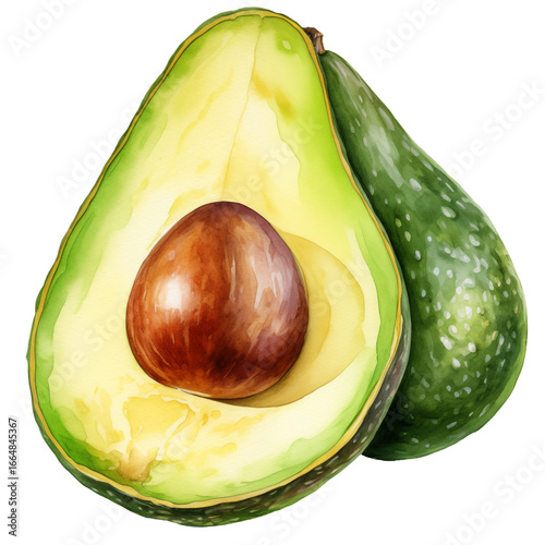 Cutout Watercolor Illustration of Cut Avocado Fruit. AI-generated image.