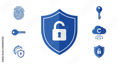 Illustrative symbols concept of cybersecurity and data protection with open lock, shield and key isolated on white background offering data