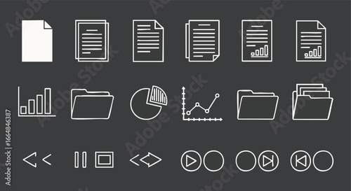 Minimalist digital icon set representing documents graphs and media controls for interface design and user experience projects