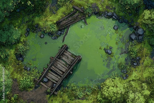 DnD Battlemap battlemap in toxic bog - Surrounded by greenery, battlemap shows a hazardous setting_remains of a bridge in a murky swamp.	