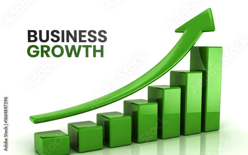 3D green bar chart and an upward arrow symbolizing business growth on a clean white background