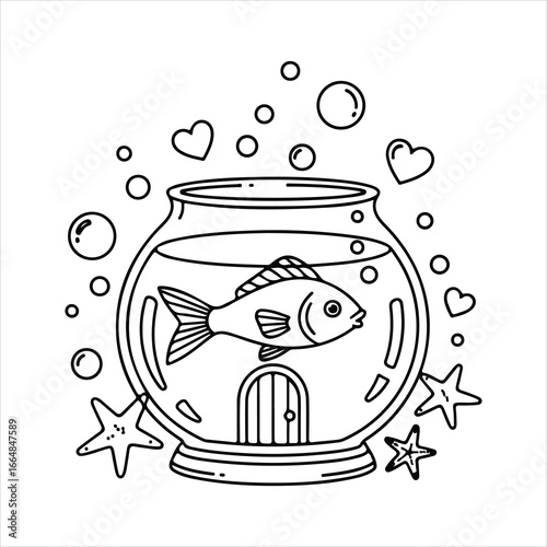 Black and white outline illustration of a fish in a bowl with starfish and hearts aquarium fishbowl