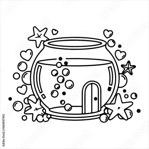 Black and white outline illustration of a round fishbowl with a door and bubbles vector