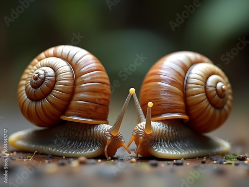 Snail pair with golden antennae share a moment on textured ground