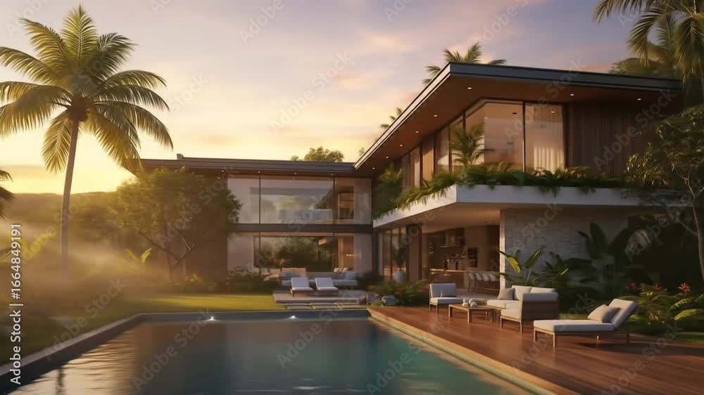 custom made wallpaper toronto digitalLuxury Home Exterior at Sunset with Pool and Tropical Landscape