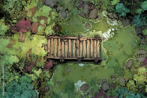 DnD Battlemap battlemap in toxic bog - Surrounded by greenery, battlemap shows a hazardous setting_remains of a bridge in a murky swamp.	