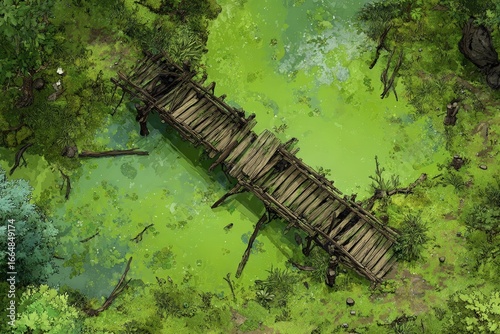 DnD Battlemap battlemap in toxic bog - Surrounded by greenery, battlemap shows a hazardous setting_remains of a bridge in a murky swamp.	