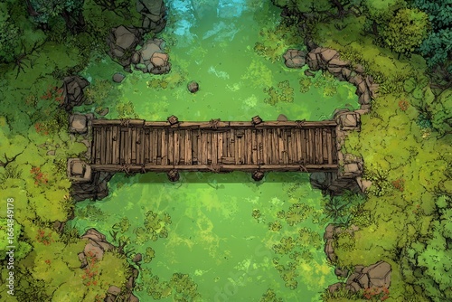 DnD Battlemap battlemap in toxic bog - Surrounded by greenery, battlemap shows a hazardous setting_remains of a bridge in a murky swamp.	