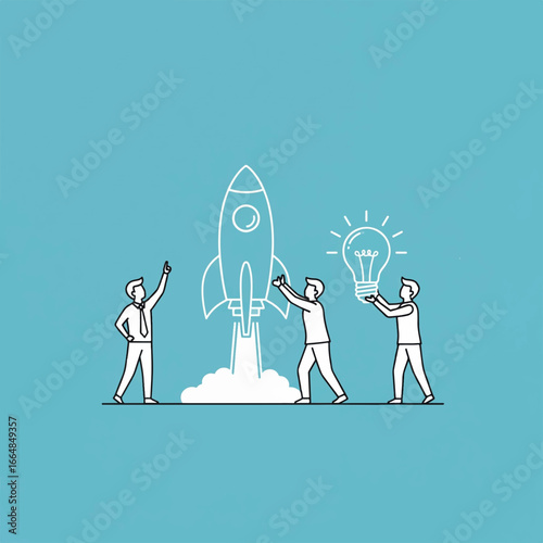 Minimal vector line art of entrepreneurs launching startup with rocket and light bulb icons, flat modern style, plain background.