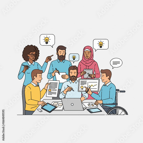 Vector line art of diverse team collaborating on a project, sharing ideas and documents, flat clean style, plain background.