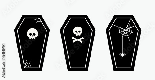 Set of Spooky Halloween  Coffin Decoration Flat Stock Vector Illustration.
Halloween Coffin Icons with Skull and spider clipart.
White background.