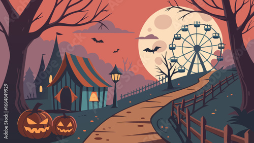 Haunted Carnival Vector Background with Spooky House, Pumpkins, and Ferris Wheel