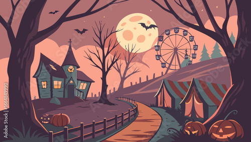 Haunted Carnival Vector Background with Spooky House, Pumpkins, and Ferris Wheel