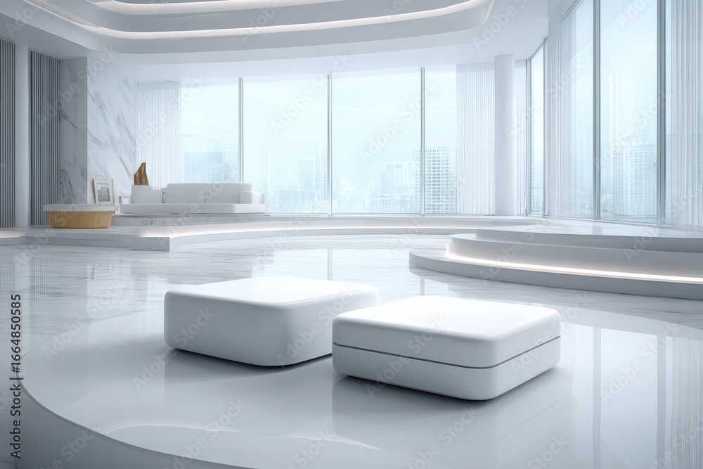 Fototapeta premium Sleek, modern, luxurious white interior with minimalist design and city view.