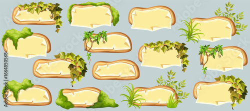 Wooden signboards with old paper, stems ivy, liana, grapes, vine, swamp moss, forest lichen. Set blank invitations, maps, jungle plants. 3d elements for messages, banners, notebooks, mobile games.