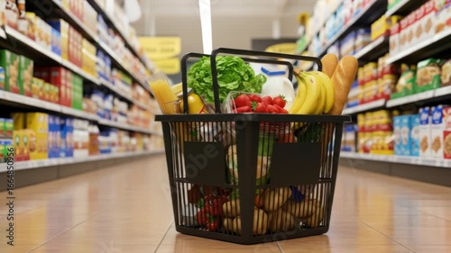 A fully-stocked shopping basket sits on a tiled floor in a grocery store aisle, overflowing with fruits, vegetables, and other food items. Shelves flank the aisle