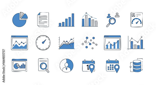 A Collection of Digital Data and Analytics Icons Representing Business Metrics and Data Insights for Visualization and Data Management