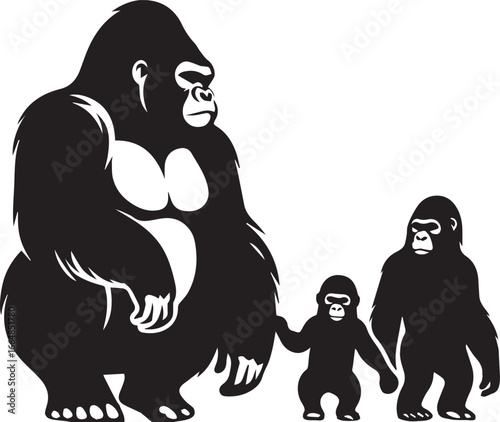 Gorilla Family Silhouette Vector – Black and White Wildlife Illustration of Parent and Baby Apes