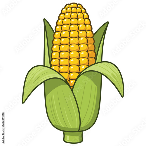 Cartoon Illustration of a Fresh Corn on the Cob with Green Husk Leaves