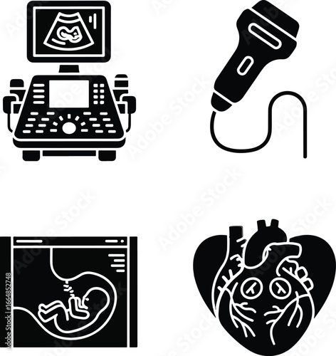 Medical ultrasound equipment displaying images of fetus and heart for diagnostic purposes in a hospital setting, representing modern healthcare technology.