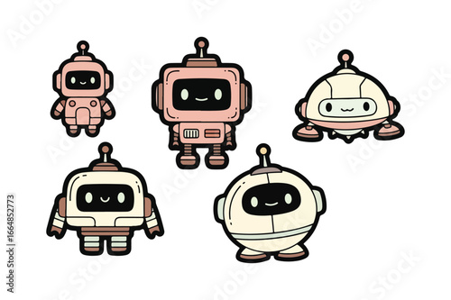 Five cute cartoon robots in pastel colors with black outlines illustration technology