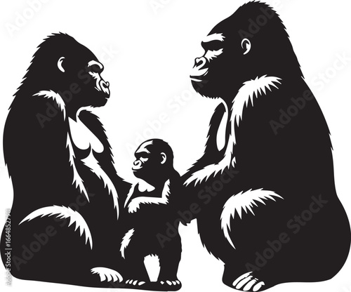 Gorilla Family Silhouette Vector – Black and White Wildlife Illustration of Parent and Baby Apes