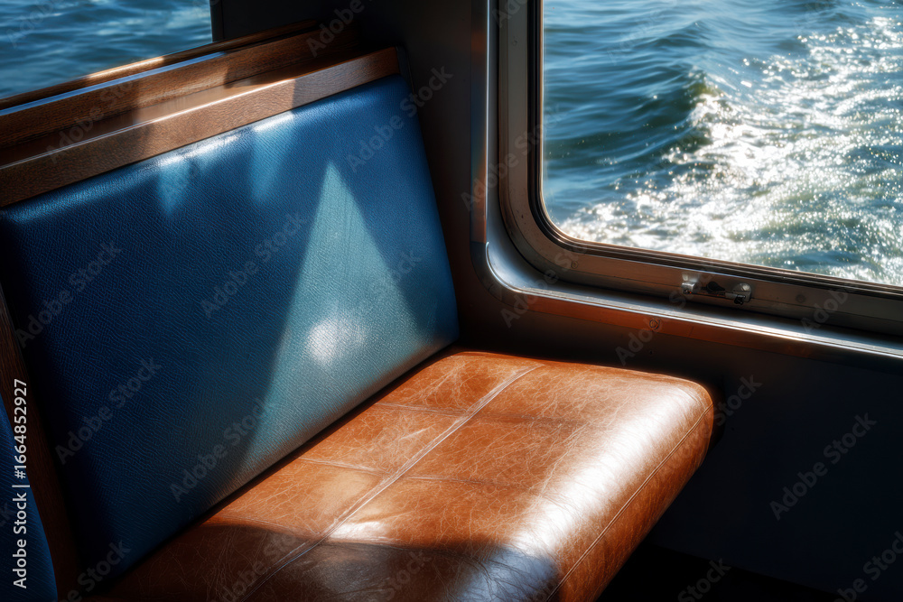 Fototapeta premium Ferry Interior: View from leather seat with ocean view through window.