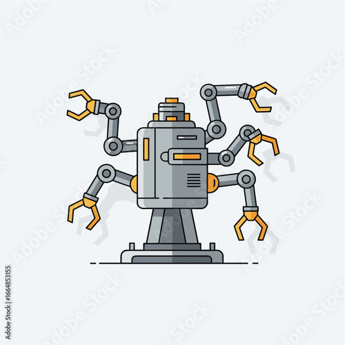 A sleek, modern flat design illustration showcases an advanced industrial robot equipped with multiple articulated arms and grippers, representing automation.