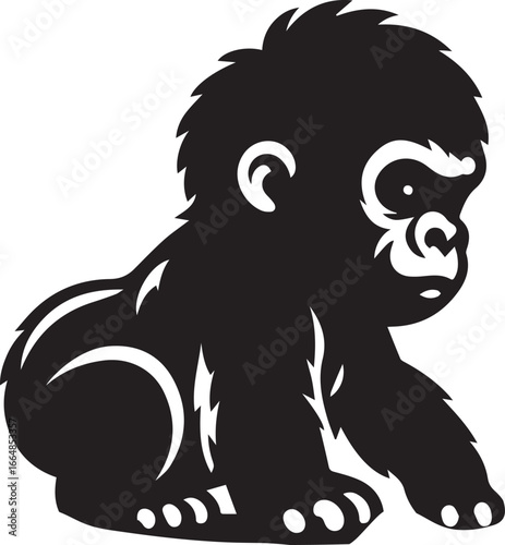Gorilla Family Silhouette Vector – Black and White Wildlife Illustration of Parent and Baby Apes