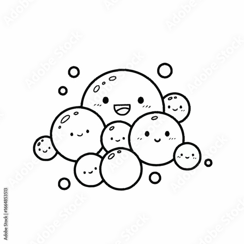 Cute Cartoon Bubbles with Smiling Faces in Black and White Outline