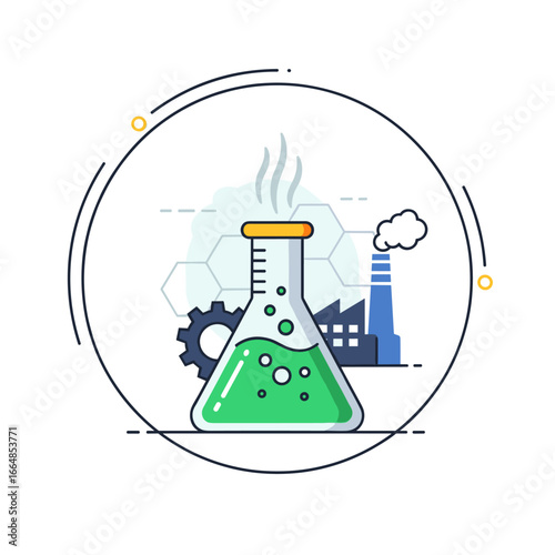 Stylized illustration featuring a bubbling green liquid in a scientific flask, surrounded by industrial elements, representing chemical research and innovation.