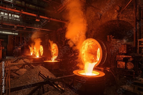 Molten metal flows from furnace into crucibles in industrial smelting hall