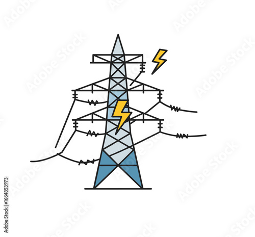 Illustration of a high-voltage electricity pylon with lightning strikes, representing power transmission and energy distribution networks, suitable for educational or industrial contexts.
