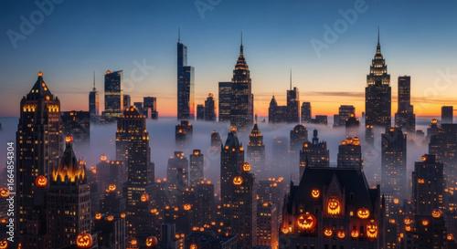 Panoramic view of New York City skyline at sunset with fog and jack-o-lanterns on buildings