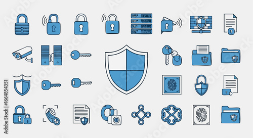 Comprehensive collection of digital security icons representing cybersecurity and data protection symbols including locks shields keys fingerprint