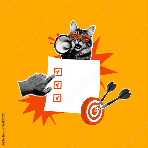 Funny cat checklist concept with megaphone and target, retro collage for productivity and motivation