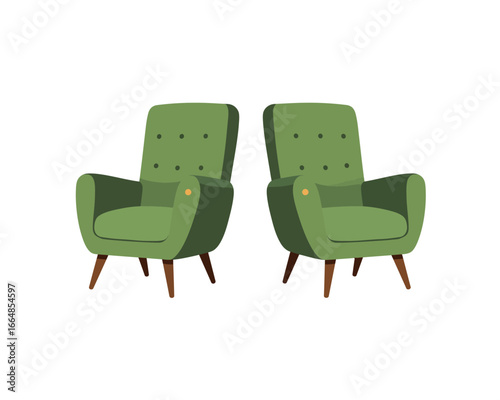Two Green Armchairs with Button Details Retro Furniture Isolated on White Background Interior Design Element