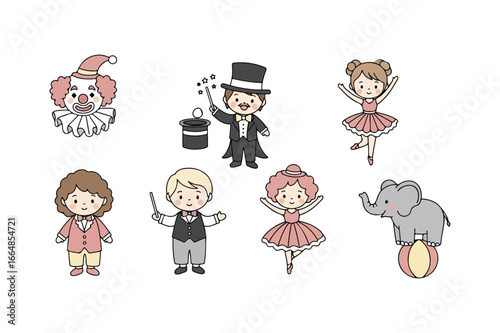 Cute cartoon circus performers and elephant on a ball clown magician